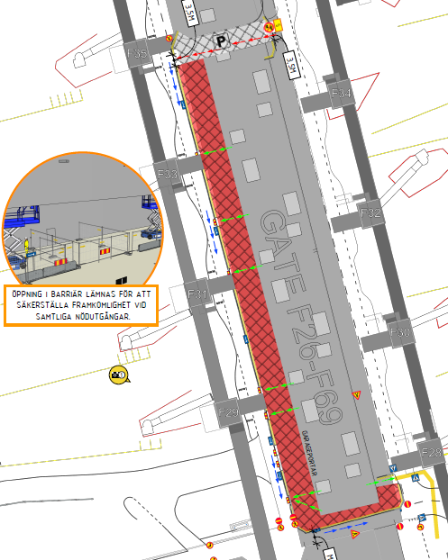 Översiktsbild som visar det avspärrade arbetsområdet vid Terminal 5, Pir F.