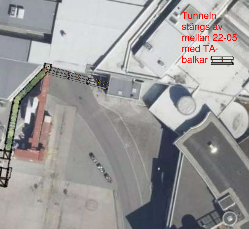 TA-plan som visar avstängningen av genomfarten under pir B