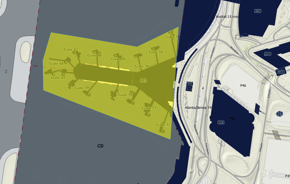Område i Terminal 4 som kan påverkas av strömavbrott för kylmaskiner